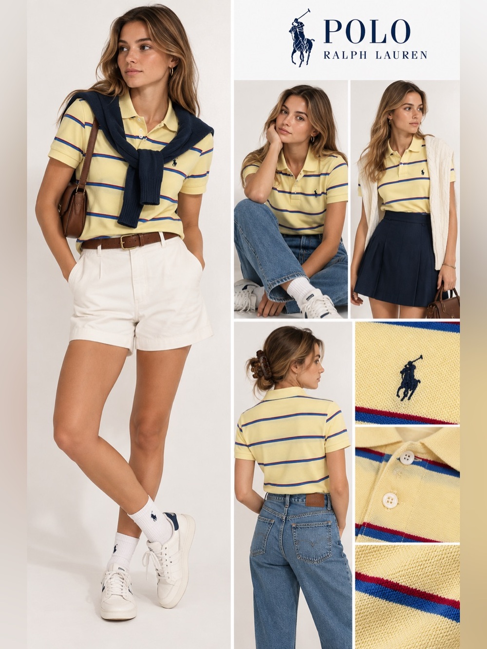 Vintage 90s Polo Ralph Lauren Yellow Striped Polo Shirt Red Blue 100% Cotton